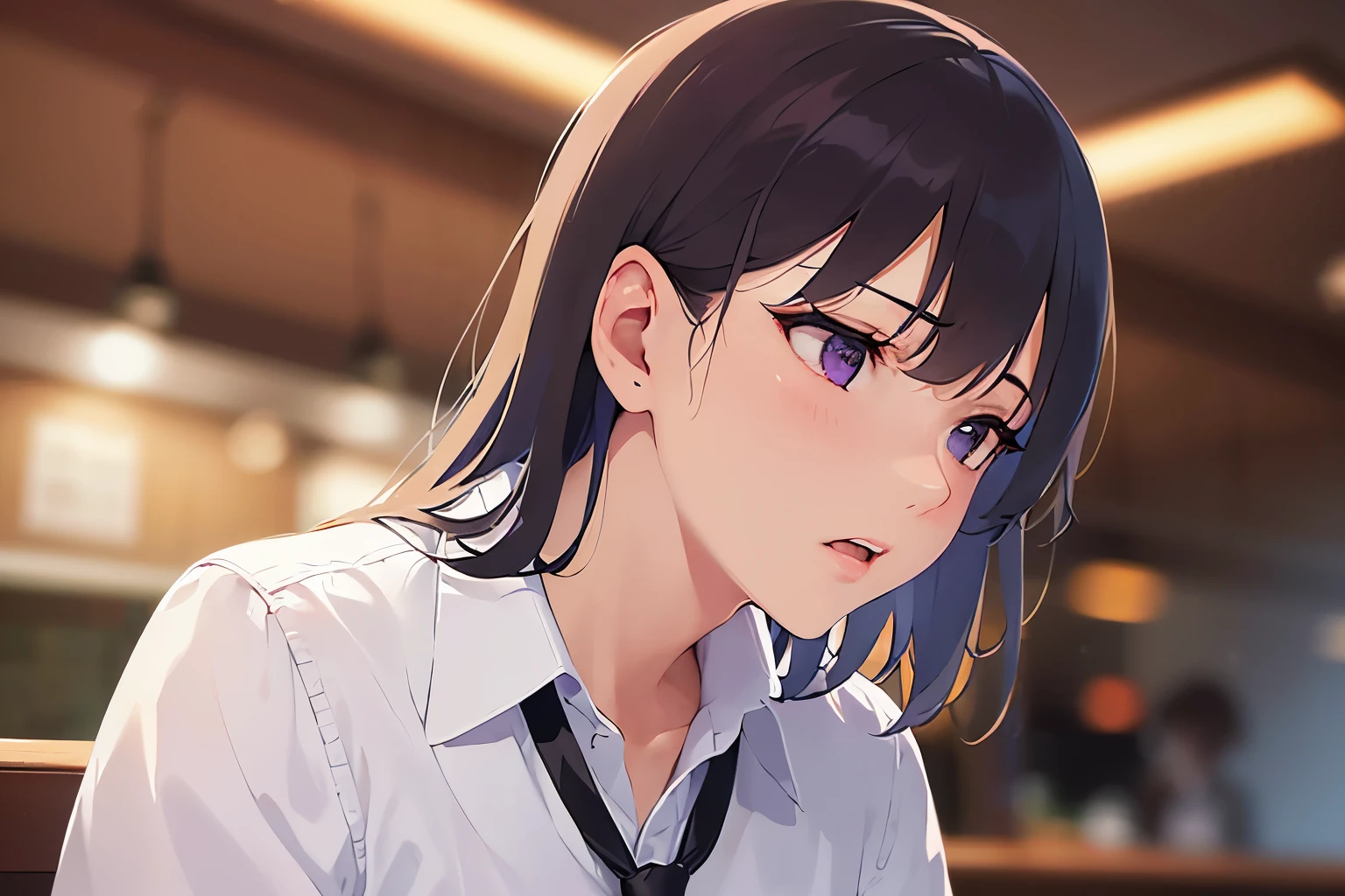 side angle, (looking away:1.5), Upper Body, Realistic, real person, (pale skin: 1.2), RAW photo, photorealistic, portrait photography, shiny skin, shiny hair、(A 25-year-old woman with straight hair and bangs) and (medium hair) and (black hair) and (purple eyes) , (white collared shirt:1.5) and (long sleeve)、(sad:1.5), open mouth, The background is the interior of a restaurant at night.、Alone、Are standing