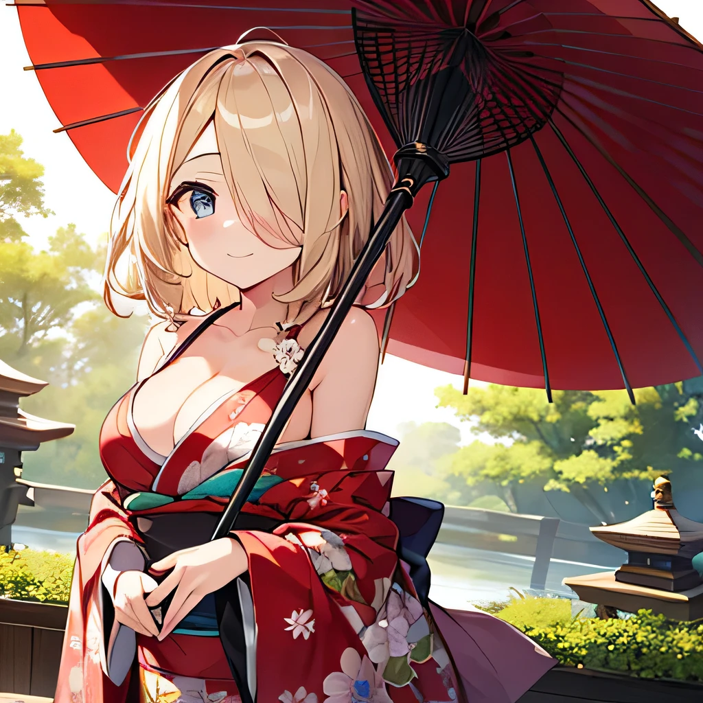 masterpiece、highest quality,Very detailed, Absurd beauty、(1 beautiful girl、Medium Hair、One eye hidden,、blonde、Very ample breasts)、Keep your head small、Flower pattern kimono、Oran Style、Accentuate your cleavage、shoulder、A cloth wrapped around the hem of a kimono、Holding a red Japanese umbrella、smile、Shyness、Japanese garden、fantastic garden