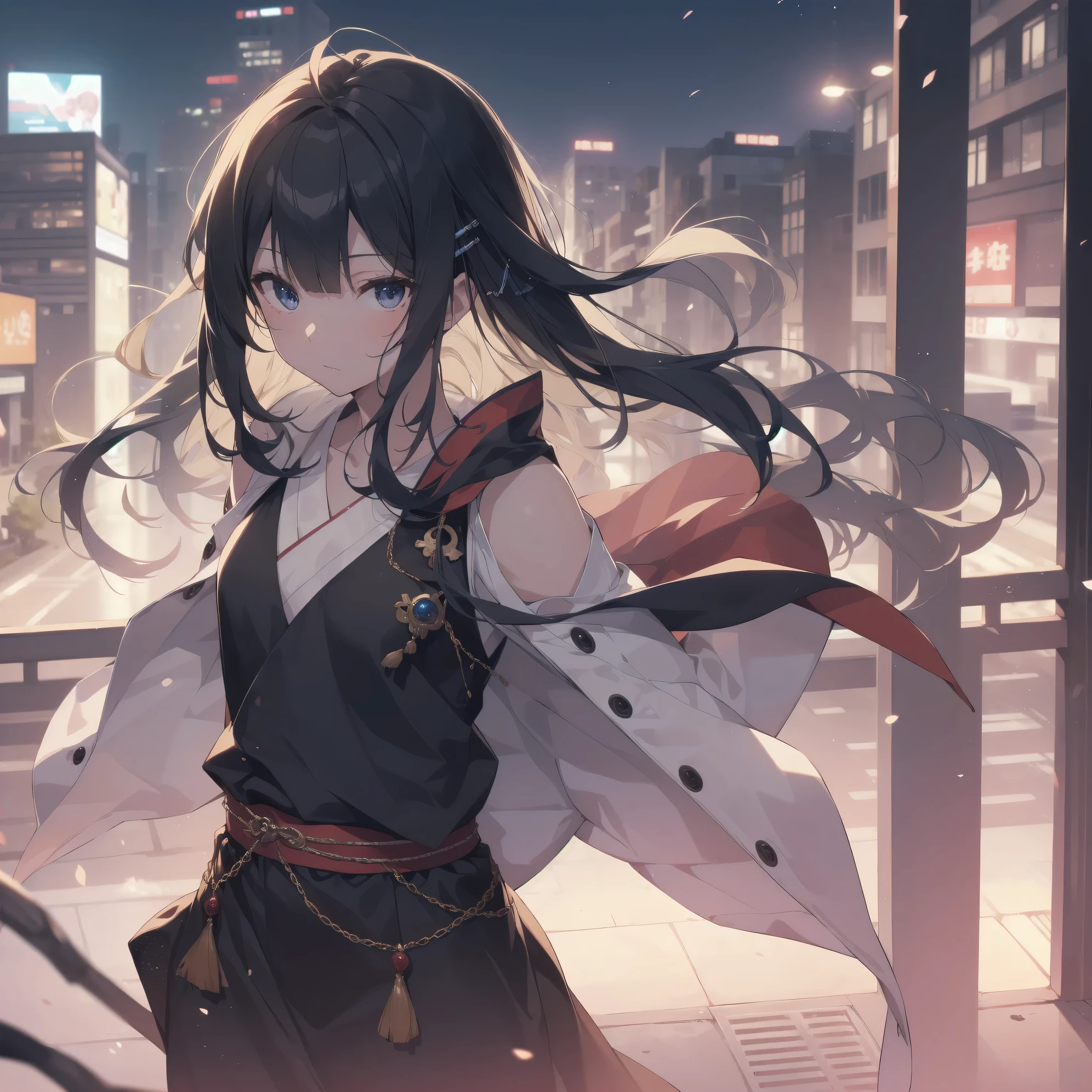 ultra-absurdres-Top quality by artist God, ultra-detailed, high resolution, anime moe artstyle, best anime 8k konachan wallpaper, pixiv contest winner, pool:4339, perfect anatomy, break, 1girl, (Please draw a ninja girl stand and look down on the city from rooftop alone. ) cowboy shot,break,(Solo,little female, 13-year-old:1.3),Full limbs, complete fingers,(very short hair, blunt bangs), flat chest,  small butt, small black eyes, beautiful detailed eyes, well-proportioned iris and pupils, expressive eyes, highres detailed hair, soft expression,(sleeveless kimono),ninja hakama,obi,japanese Hairpin,ninja scarf,(Detailed Lighting), (Detailed background), in the School commute route. break,super detailed skin, Best cinematic lighting powered by famous artist, 8k,beauty illustration,photoshop_(medium),very aesthetic,break,((artist:tianliang_duohe_fangdongye )), artist:bolze ,artist:oyari ashito ,artist:kantoku ,