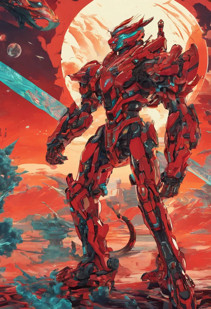 Monkey King Mecha Warrior,A round of red sun,Huge rolling waves,The hovering Chinese dragon...