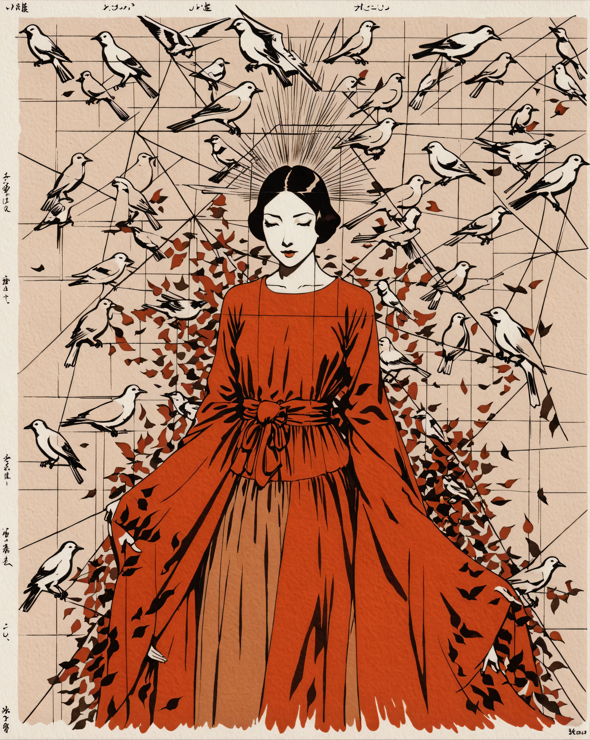  drawing of a woman surrounded by birds , satoshi kon artstyle, official illustration, punpun onodera, geometrical painted art illustration, geometrical shapes