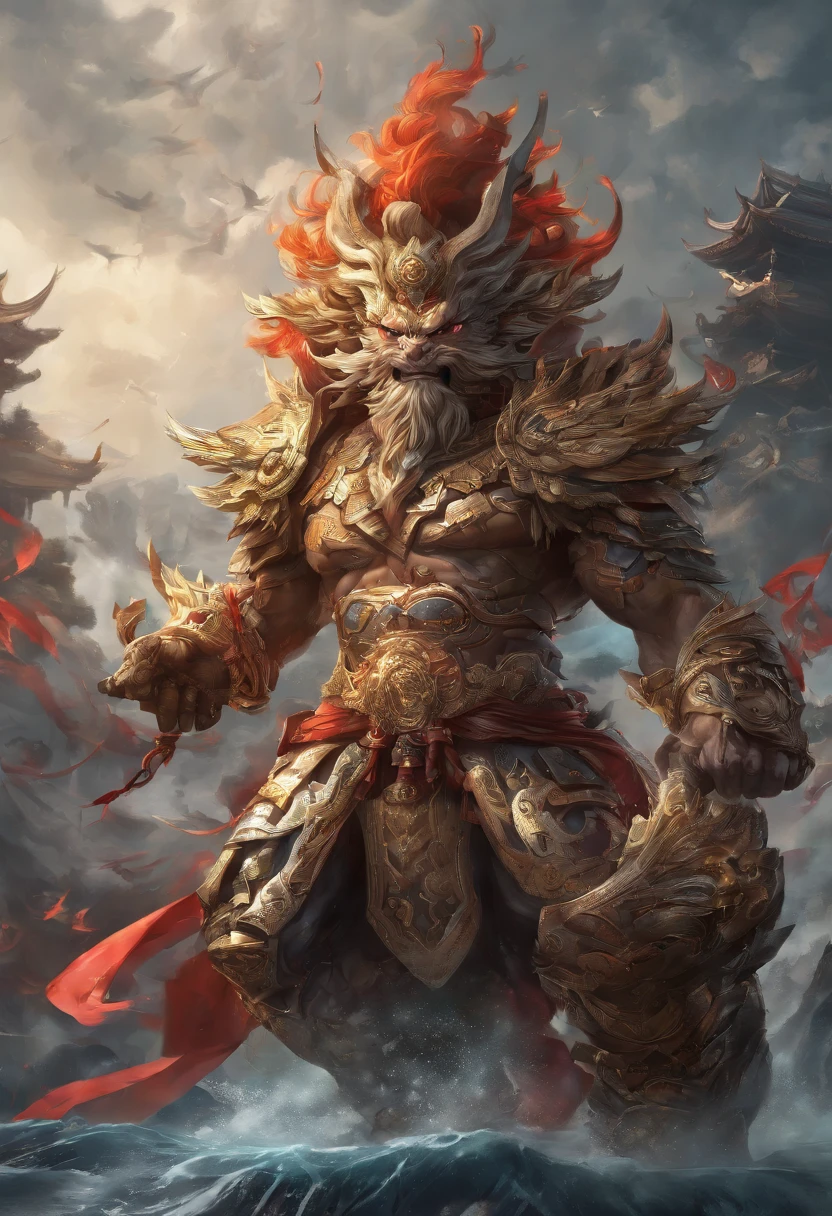 Xuanwu（main body，Sun Wukong in the state of three heads and six arms，），Higashiizumi，Big Wave，Chinese style，oc rendering，Ultra-fine，realism，Hyper-photorealism，high quality，8K high resolution，Super detailed。