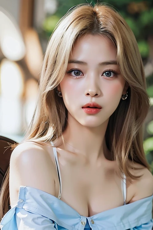 highest quality、masterpiece、超A high resolution、(Photorealistic:1.4)、RAW Photos、One girl、Blonde、blue eyes、Eyes and facial details、((Off the shoulder、Too much exposed skin、Cleavage Emphasis))