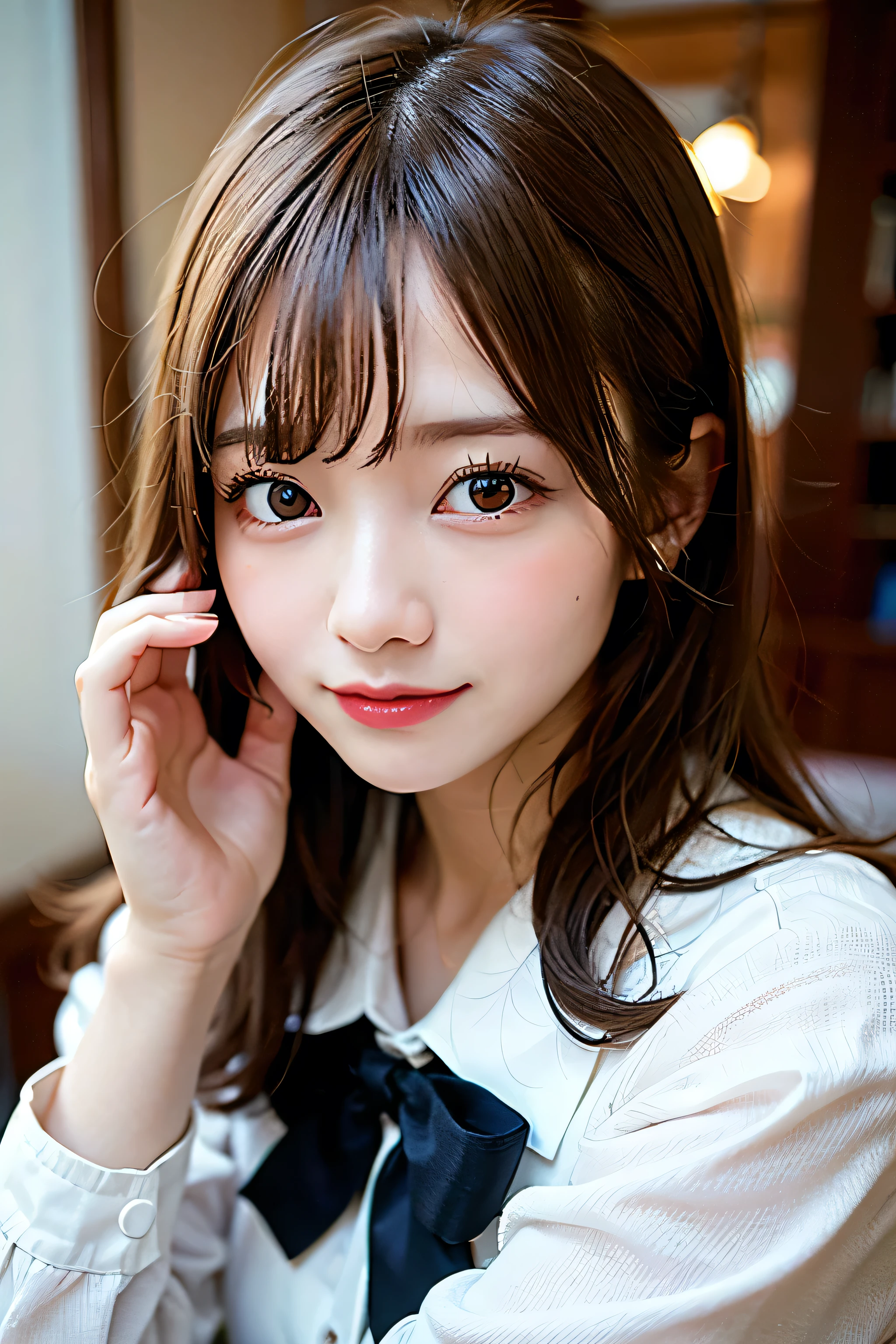(8k, RAW photo:1.2)detailed face and eyes,最high quality, 超A high resolution, very detailed ,intricate details ,living room, white blouse、pretty girl , soft light like a movie, hyper detail,sharp focus, high quality,, dripping from,