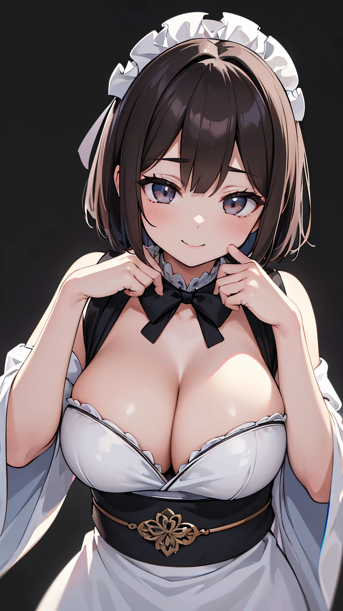 20-year-old woman、Brown Hair、Very Short Hair、Big smile、Tone in a maid outfit、Calm colors、High contrast、(Natural skin texture、Hyperrealism、Soft Light、sharp) {{{{Tabletop}}}}, {{{Super detailed}}}, {{{High resolution}}}, {{Excellent anatomy}}, (((highest quality))), ((Very delicate and beautiful)), {{Very detailed and delicate}}, {8k CG wallpaper}, {{figure}}, (Grayscale on a colored background:1), Black and white background, (chromatic aberration:1.2), Upper Body, Mature Woman, (One Girl:1), alone, Oiran, (generally:1.2), Large Breasts, ((Accentuate the cleavage))
