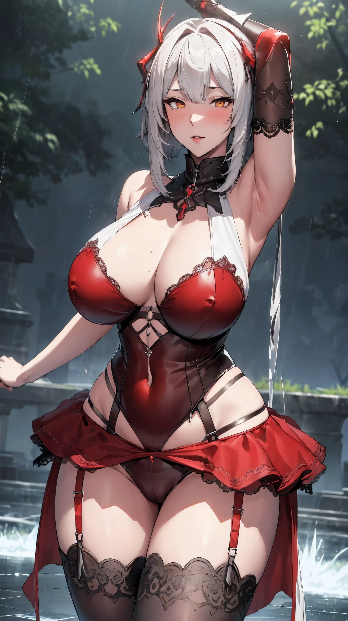 masterpiece:1.2, 1women, solo, (Arknights character, "W"), (best quality), (real picture, intricate details, depth of field), make up, parted lips, highly-detailed, perfect face, (huge breasts:1.8), (skindentation), attractive waist, tall, glossy coral lips, moderate musculature, moderate abs, (toned abdomen, beautiful navel), (white square hair:1.2), ((beautiful bright yellow eyes)), sexy, ((in only lace underwear and stockings)), black underwear, black stockings, (blushing, drunk), peaceful expression, disproportional tits, hanging breasts, (outdoors), ((dancing in the rain)), (drops of water, wet clothes and hair), ((dark red downward-pointing horbs)), 