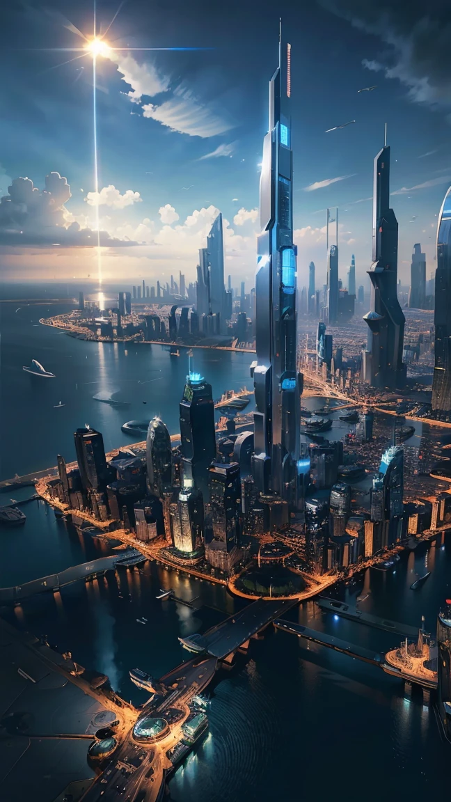 Future city seen from an airplane:1.5,night,sunny,port,Flying Spaceship,Skyscraper,masterpiece,highest quality,Ultra-high resolution,(Very detailed:1.2),8k,Realistic,Best aesthetics,beautiful