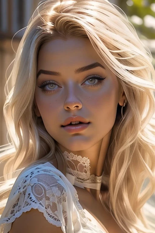 (realistic, photorealistic: 1.37), front view of a Austrian woman, blond hair, wearing lace lingerie, influencer Missmiafit