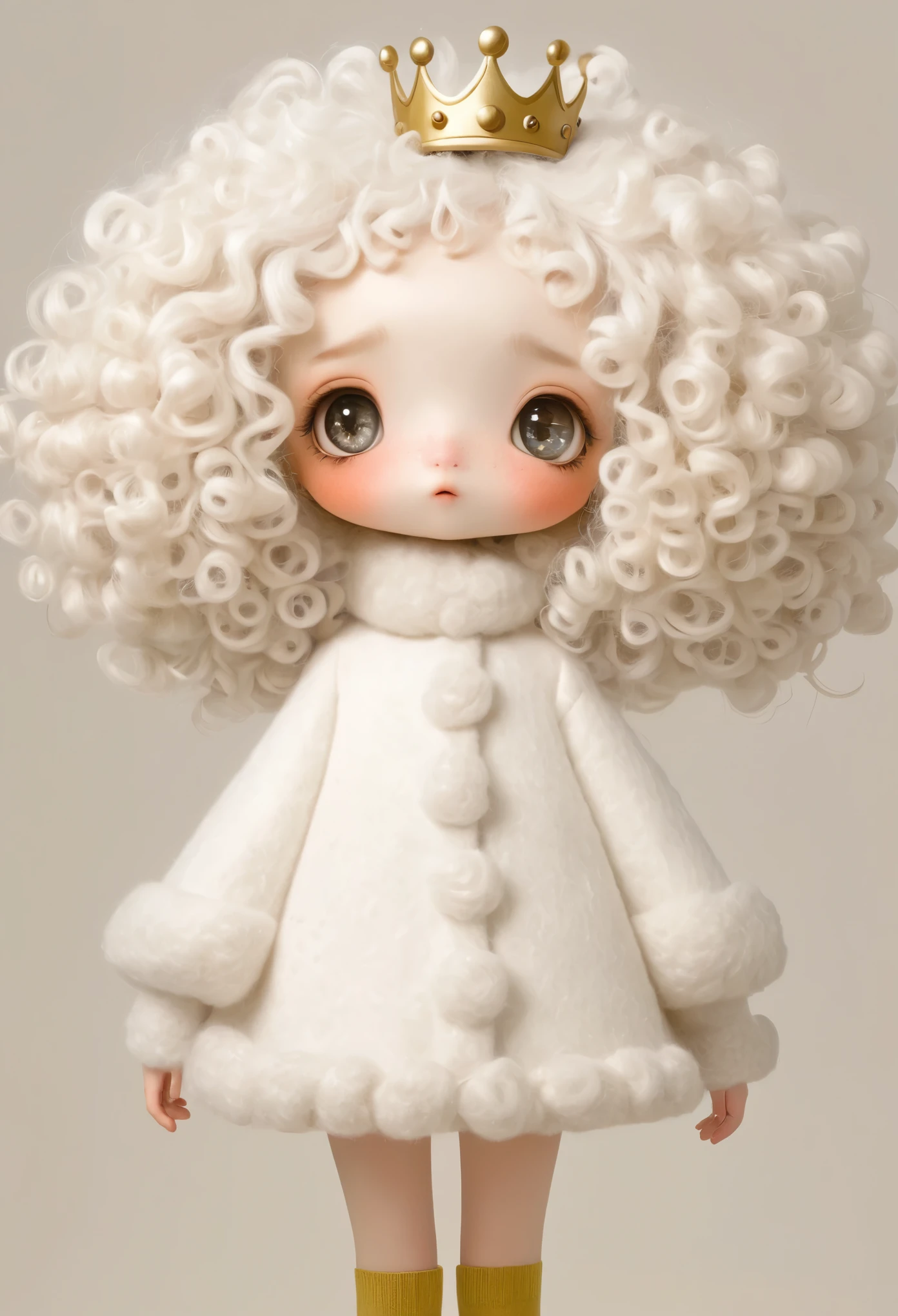 (masterpiece, best quality:1.2), 1 girl, solitary, big eyes，White curly hair，Felt Clothing，crown，Long legs，sock，shoe，whole body