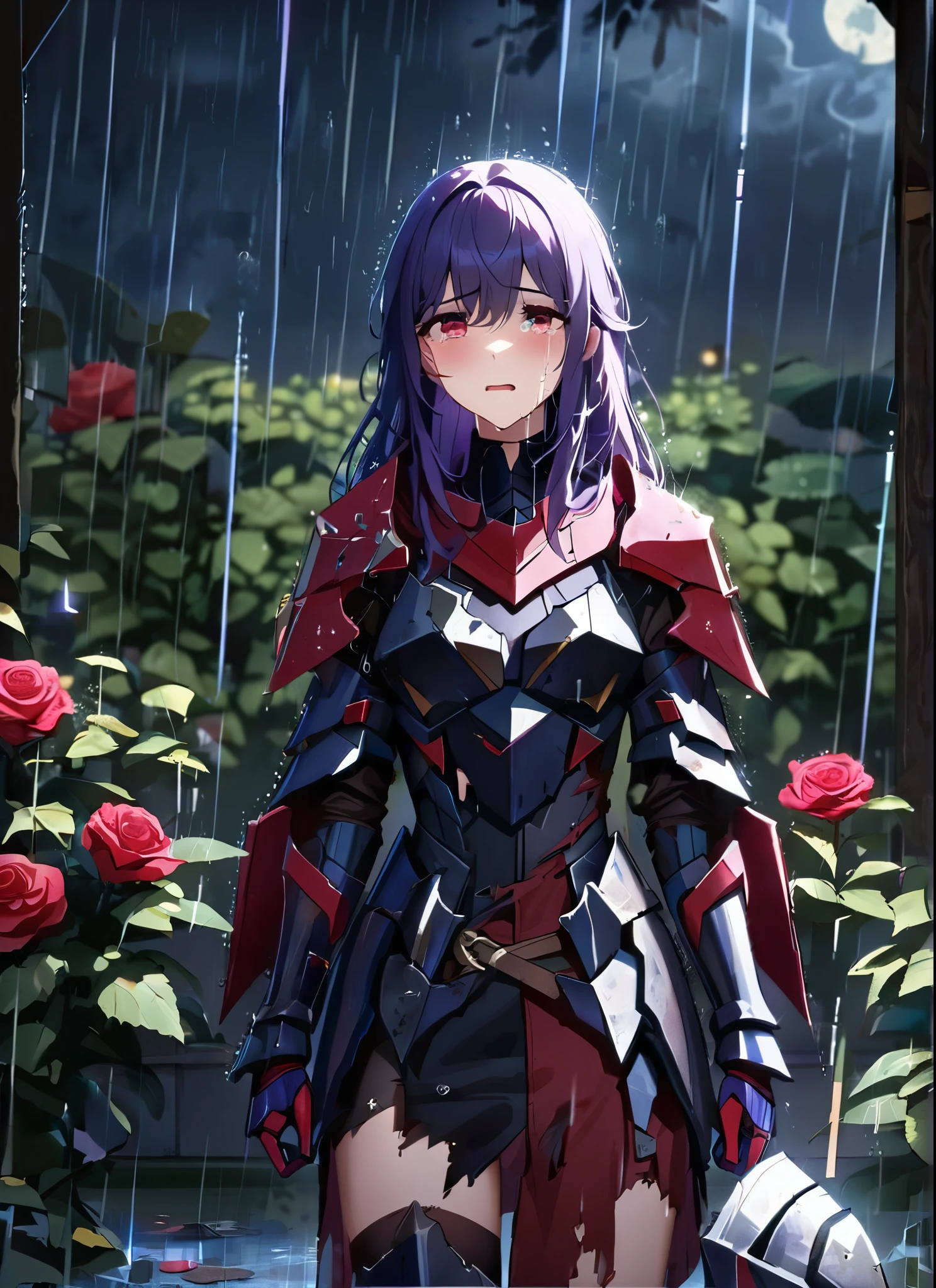 three girls, heartbroken in the floor, wearing a ultra shattered and ultra broken cute skimpy dark armor,  lot of missing pieces, very damaged armor ,ripped clothes, broken helmet ,broken shield  and broken sword, in tears, sad, dramatic scene, tears flowing in the face, garden, roses, rain, ultra detailed face, night, moonglow, light of the moon