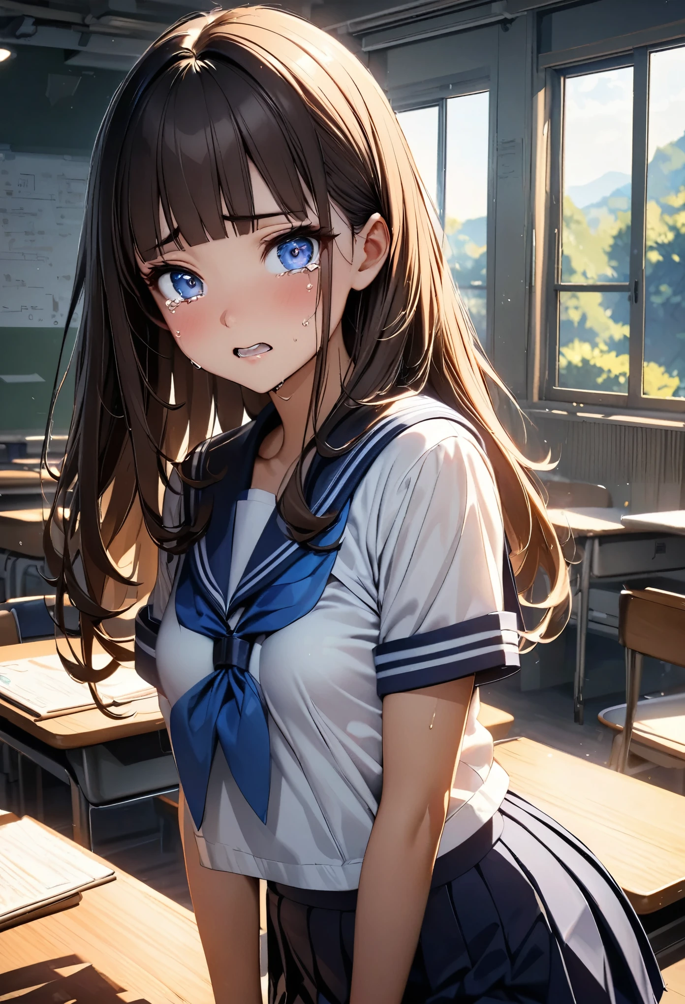 (high quality, 8k, 4K, High Contrast, masterpiece:1.2, highest quality, Best aesthetics), 1 female, ((beautiful and cute woman,beautiful detailed face and eyes,gorgeous eyes)),The perfect 18 year old, Japanese、Brown Hair、Straight hair,long hair,blunt bangs,Frightened expression、tears,oily skin,small breasts,、Sailor suit、blue neckerchief、Pleated mini skirt、classroom、Japanese School、(Intricately detailed environments),(Textures and environments、Professional photos、Perfect lighting).