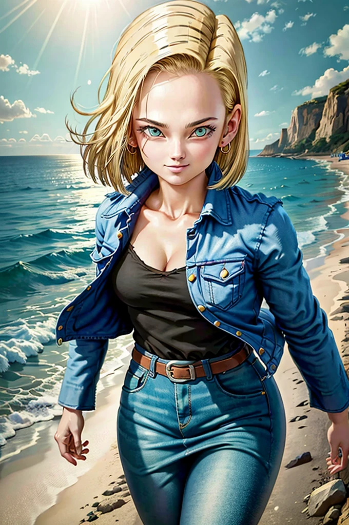 android 18,blonde hair, short hair, blue eyes, Red wearing earrings, vest, black shirt, long sleeves, denim jacket, looking at viewer, smile Face, close up portrait, outside, beach, ocean, blue sky, high quality, masterpiece,  sexy body, sexy Dress