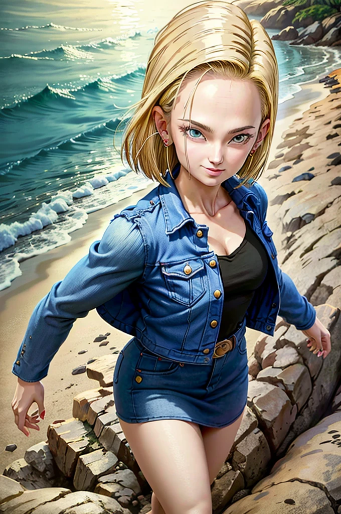 android 18,blonde hair, short hair, blue eyes, Red wearing earrings, vest, black shirt, long sleeves, denim jacket, looking at viewer, smile Face, close up portrait, outside, beach, ocean, blue sky, high quality, masterpiece,  sexy body, sexy Dress