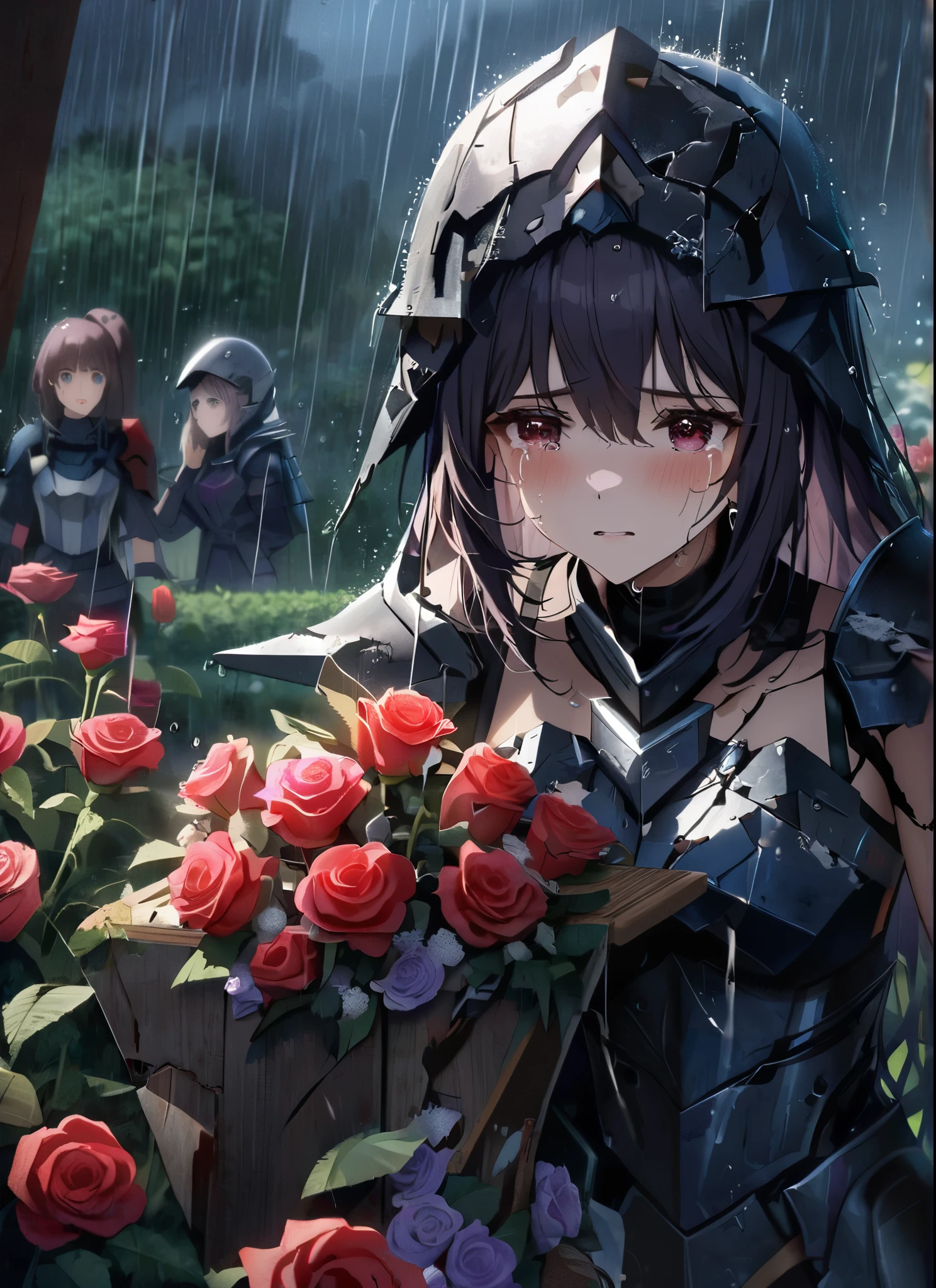 three girls, heartbroken in the floor, wearing a ultra shattered and ultra broken cute skimpy dark armor, lot of missing pieces, very damaged armor ,ripped clothes, broken helmet ,broken shield and broken sword, in tears, sad, dramatic scene, tears flowing in the face, garden, roses, rain, ultra detailed face, night, moonglow, light of the moon