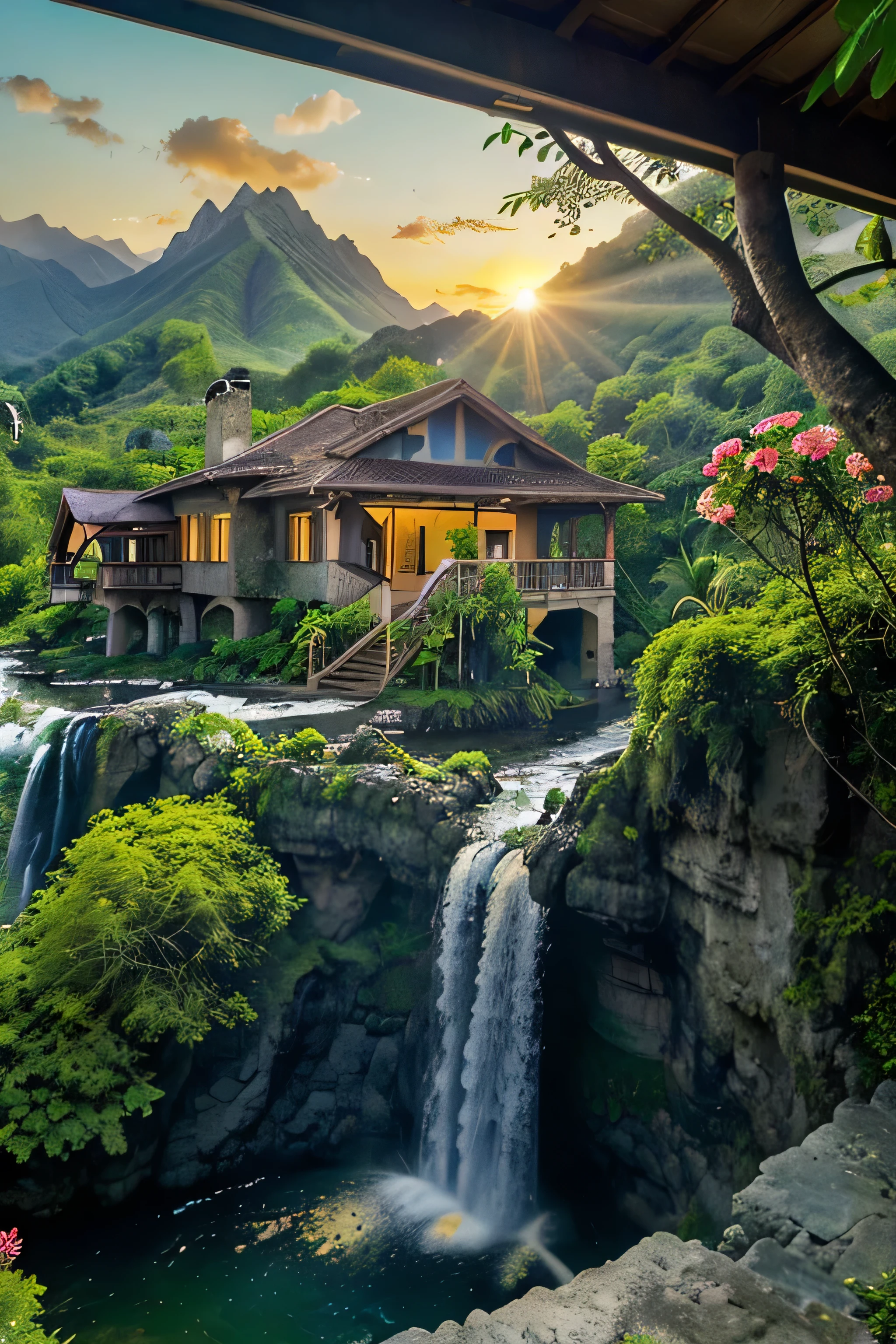 House in the jungle in front of the lake and waterfall nearby mountain with sun set and flowers