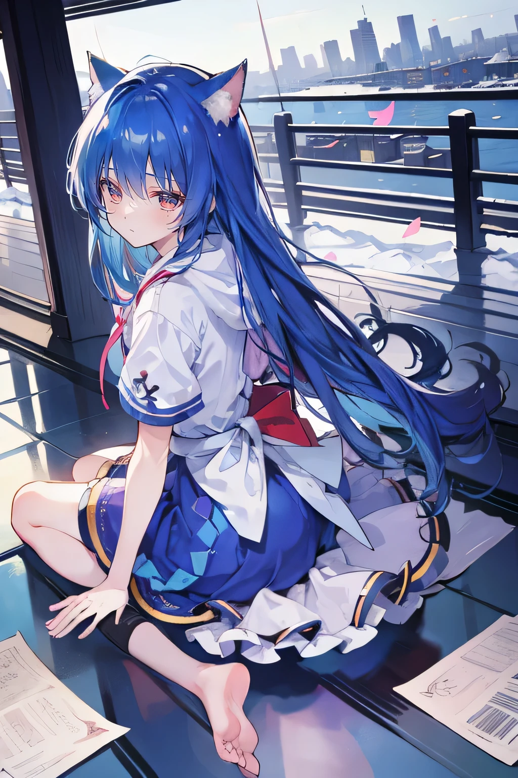 （masterpiece：1.2），Super detailed，lifelike，Expressive eyes，fair skin，perfect face shape，1 girl，
Japanese comics,Gorgeous blue hair,flowing blue hair,flowing clothes,Cat ears,Petals fall,beautiful lola,Baby Angel,
Shaking head with one hand，Cross your legs，Gentle and peaceful background，The pavilion is cool and comfortable,smile, wearing hoodie, background of tokyo,back views,snowing, winter.