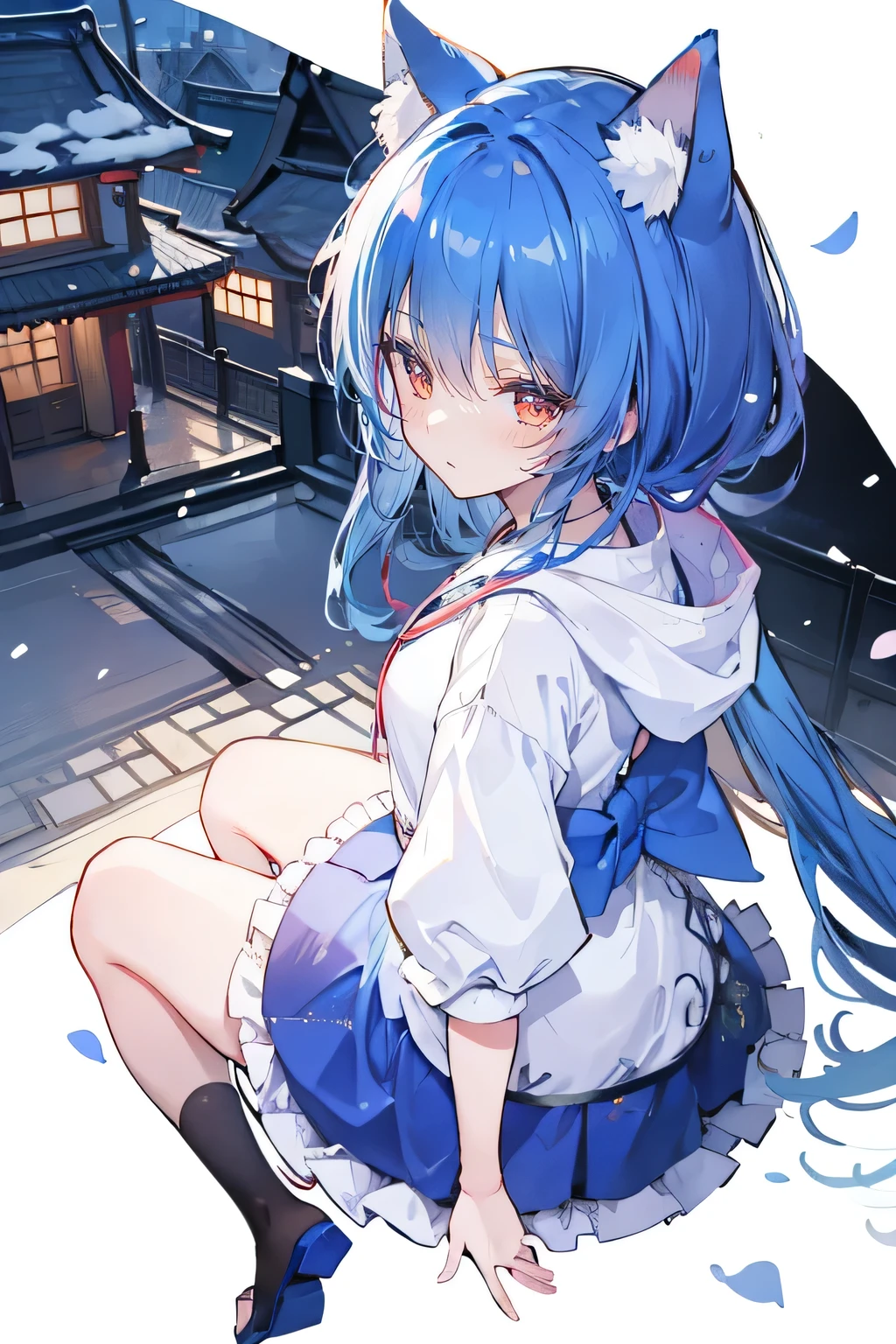 （masterpiece：1.2），Super detailed，lifelike，Expressive eyes，fair skin，perfect face shape，1 girl，
Japanese comics,Gorgeous blue hair,flowing blue hair,flowing clothes,Cat ears,Petals fall,beautiful lola,Baby Angel,
Shaking head with one hand，Cross your legs，Gentle and peaceful background，The pavilion is cool and comfortable,smile, wearing hoodie, background of tokyo,back views,snowing, winter.