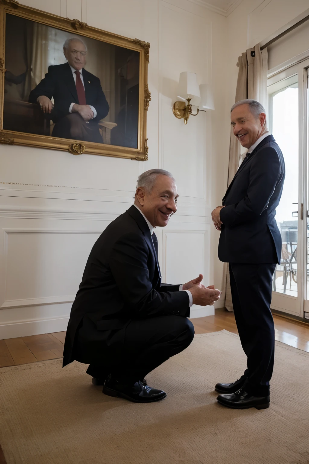 The president of Israel standing in front and with a smile on his mouth and the French and American presidents with their backs and on their knees with their faces at Netaniahu&#39;s waist. Estilo realista.