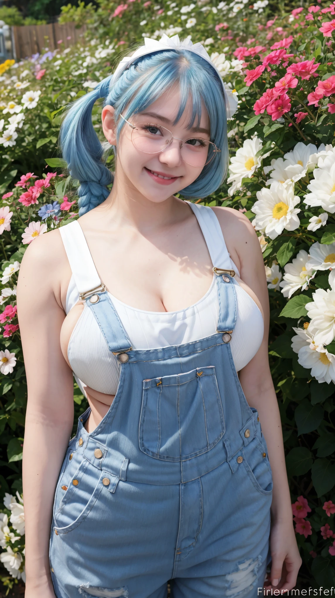 1 Girl, Beautiful, Baby Face, 20 Years Old, White Skin, Cleavage, Sleeveless, ((White Overalls Outfit)), ((muscles:1.1)), Colourfull Flower Garden Background, Blue Hair, Smile, Hands Behind a Head, Blue Twintails, Perfect Body Anatomy, ((breastssize:1.3)), ((masterpiece:1.1)), ((adorable:1.1)), Frameless Fashion Glasses