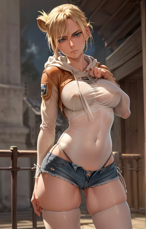 (masterpiece:1.5),(best quality:1.5),(high resolution:1.5),(8k:1.5),(perfect face:1.5),(beautiful detailed eyes:1.5),(Cowboy Shot:1.5) ,(extremely detailed face:1.5),(perfect lighting:1.5),(extremely detailed CG:1.5), (perfect hands:1.5),(perfect anatomy:1.5),,(perfect body:1.5),(perfect hands:1.5),(perfect fingers:1.5),(full body:1.5),,(1woman:1.3),(megami magazine:1.23),pale skin,(large breasts:1.2)(large ass:1.1),(hood t-shirt short:1.3),(Brown Leather open jacket:1.3),( Denim shorts:1.3) (blonde single bun hair:1.2),(blue eyes:1.2),(sexy look:1.35),(cameltoe:1.2),stand,(outside:1.3),(sweat:1.1),(fight pose:1.2),(Beautifully tied hair:1.3),(see through:1.3)