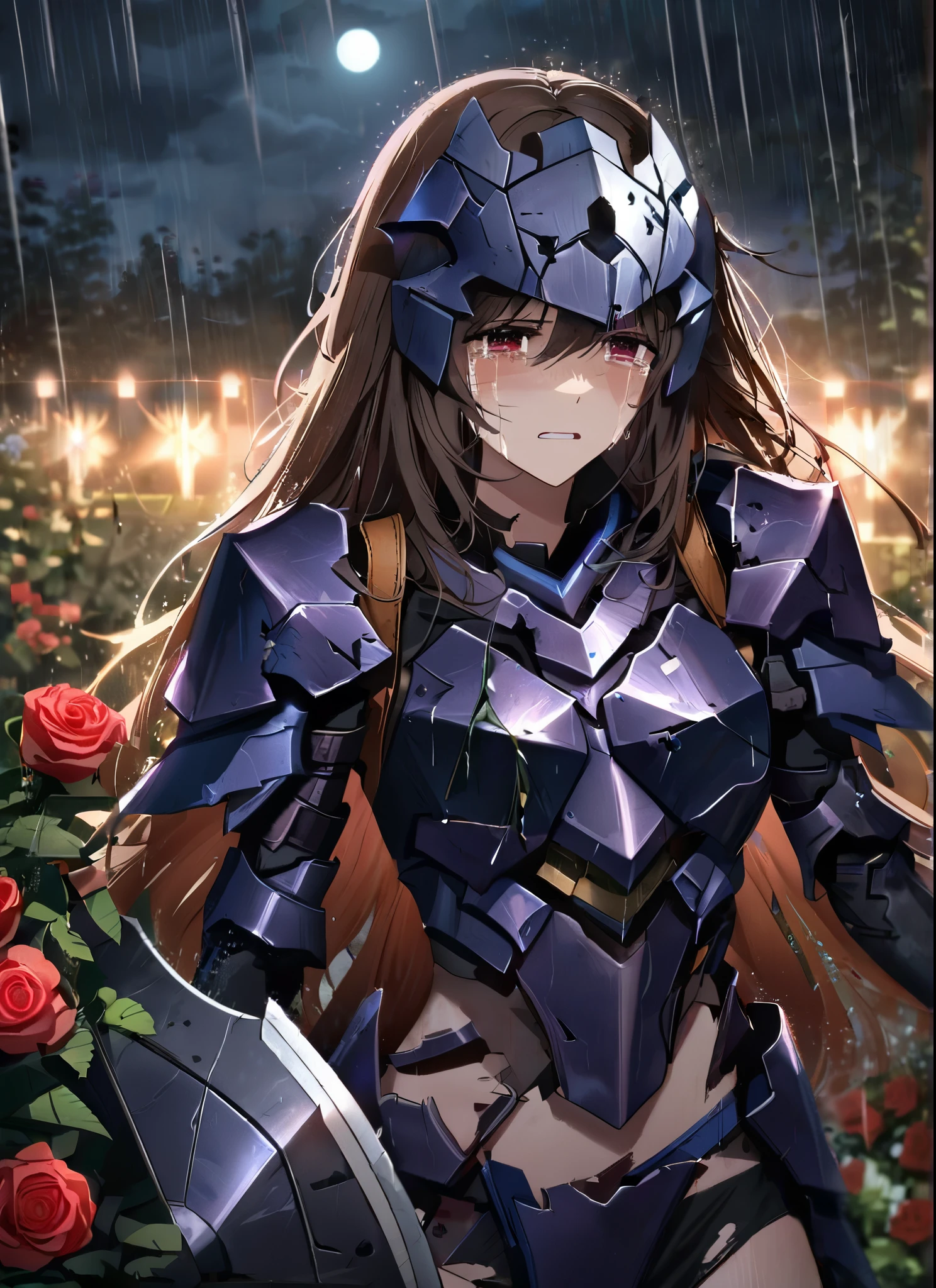 three girls, heartbroken, wearing a ultra shattered and ultra broken cute skimpy dark armor, lot of missing pieces, very damaged armor ,ripped clothes, broken helmet ,broken shield and broken sword, in tears, sad, dramatic scene, tears flowing in the face, garden, roses, rain, ultra detailed face, night, moonglow, light of the moon