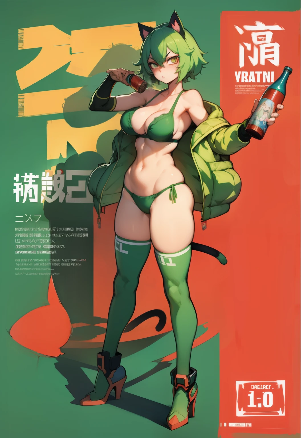 anime girl with green hair and red bra top holding a bottle, seductive anime girl, ross tran style, artwork in the style of guweiz, guweiz, Depict face emerging from the shadows, magazine cover, poster art, robot Police, cat ears, Laser beam, hint of vibrant