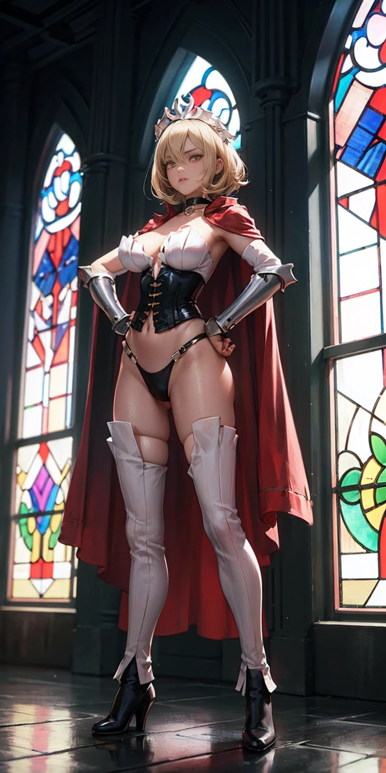 Body position: Standing, straight, symmetrical, barefoot, Lustful smile on face with red blush, 1girl