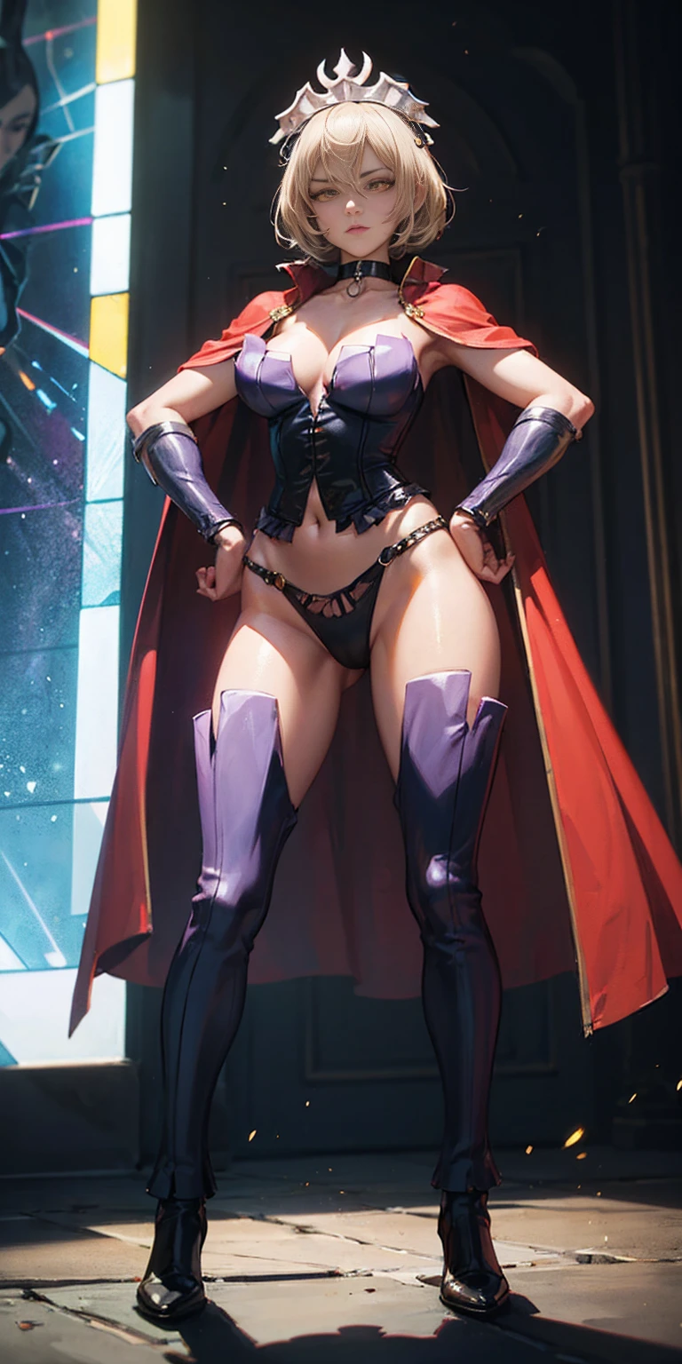 Female wearing tight gantz suit armor torn apart, black collar, corset, navel, abs, single braid, blonde, yellow glowing eyes, bright pupils, eye focus, red cape, temple indoors, stained glass windows, night, moonlight, particles, light beam, chromatic aberration, (full body, whole body. 1solo (girl) slave fighter, loincloth standing, hands on hips full body, whole body, 1solo (girl). slave fighter, standing, hands on hips, choker, big belt, view from below, feet together, bracers, tiara)