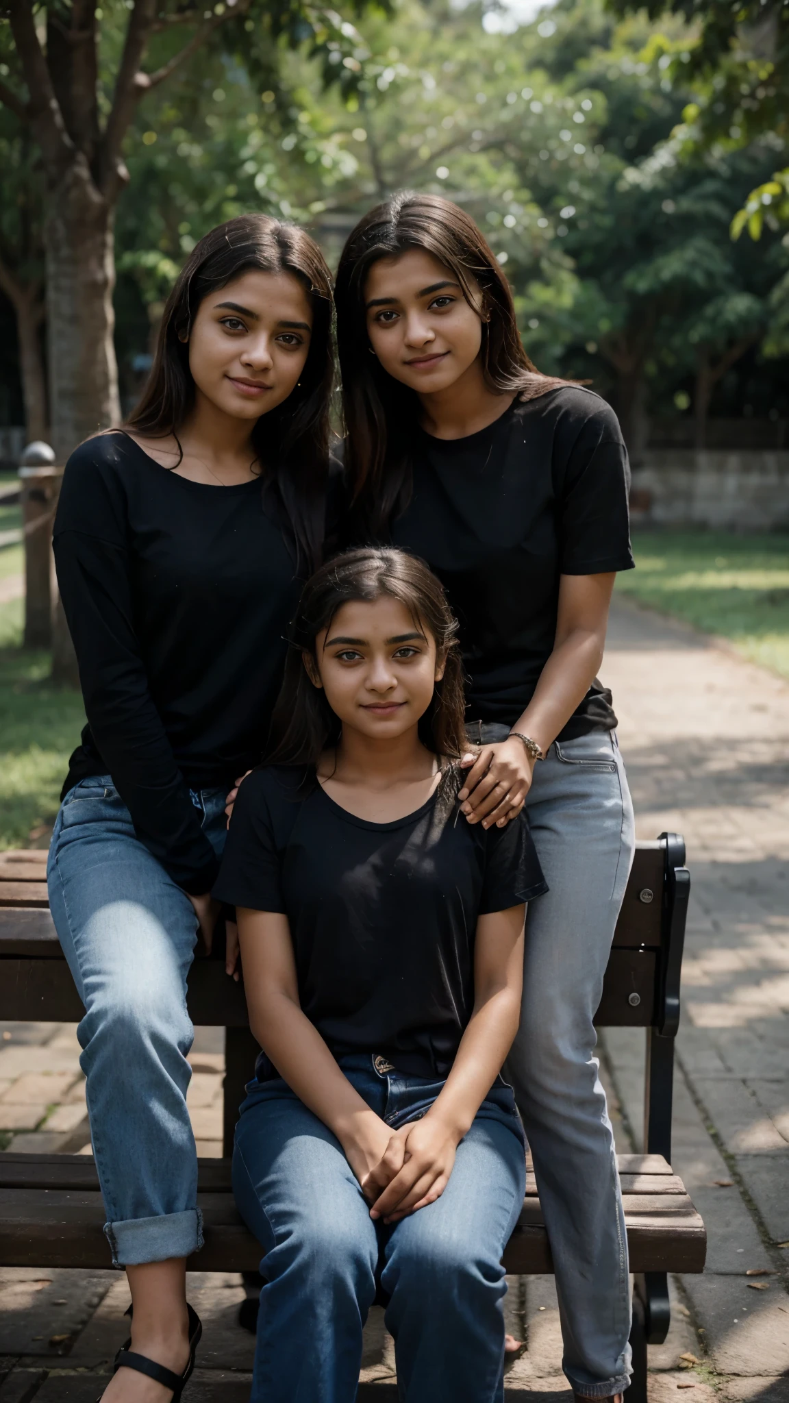 2 kerala girls, one looks like Hermoine Granger, and other one looks like Arya Stark, smiling, at park, sitting in bench, looking at camera, wearing black tshirt and jeans, with realistic skin texture, mobile photography, raw,