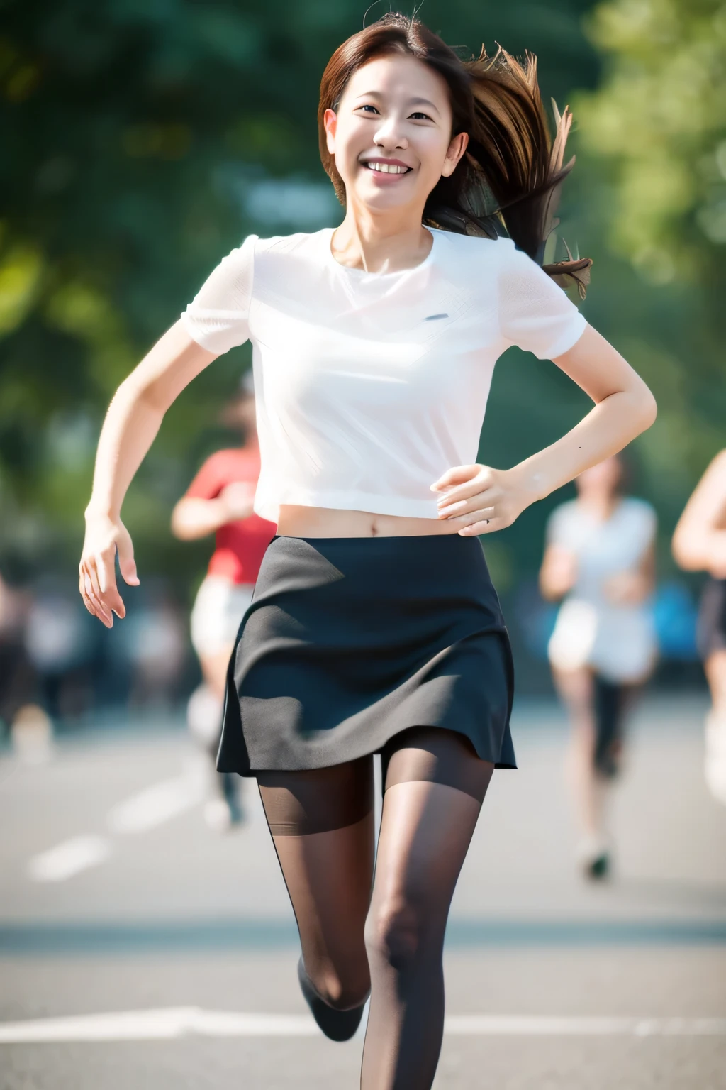 5 denier pantyhose, 28 years old, long hair, mini skirt, older woman, fair skin, smiling, running
