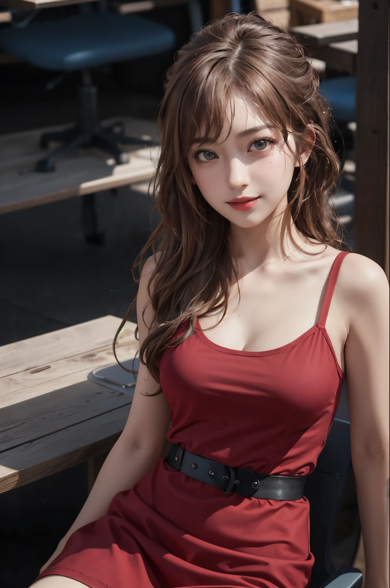 (masterpiece:1.2), (photorealistic:1.2), (best quality),((realistic:1.3)), (detailed skin:1.3), (intricate details), dramatic, ray tracing,finely detailed, quality,realistic lighting, medium breasts,1girl,aalisa, bangs, long hair, red T-shirt smile,looking at viewer, 