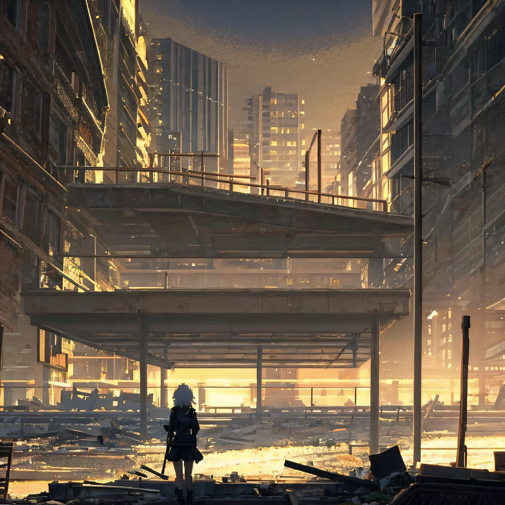 [Girl-in-swimsuit-walking], [towards-the-dark-and-destroyed-city], [with-light-touch-of-lighting], [anime-style-landscape], [decaying-city], [poor-lighting], [girl-walking-in-the-city], [destroyed-city], [planet-seen-in-the-sky], [pixel-art]