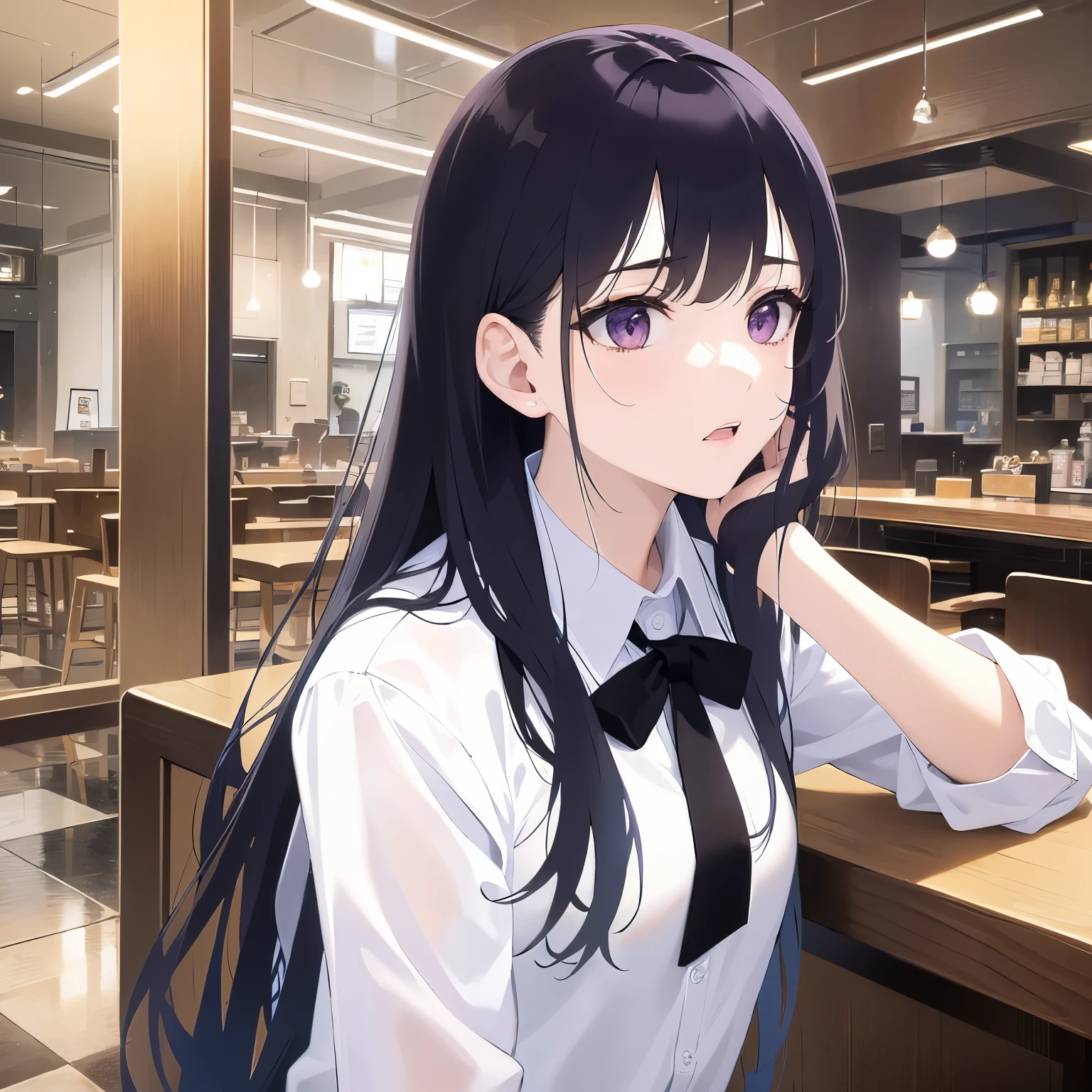 side angle, (looking away:1.5), Upper Body, Realistic, real person, (pale skin: 1.2), RAW photo, photorealistic, portrait photography, shiny skin, shiny hair、(A 25-year-old woman with straight hair and bangs) and (medium hair) and (black hair) and (purple eyes) , (white collared shirt:1.5) and (long sleeve)、(sad:1.5), open mouth, The background is the interior of a restaurant at night.、Alone、Are standing
