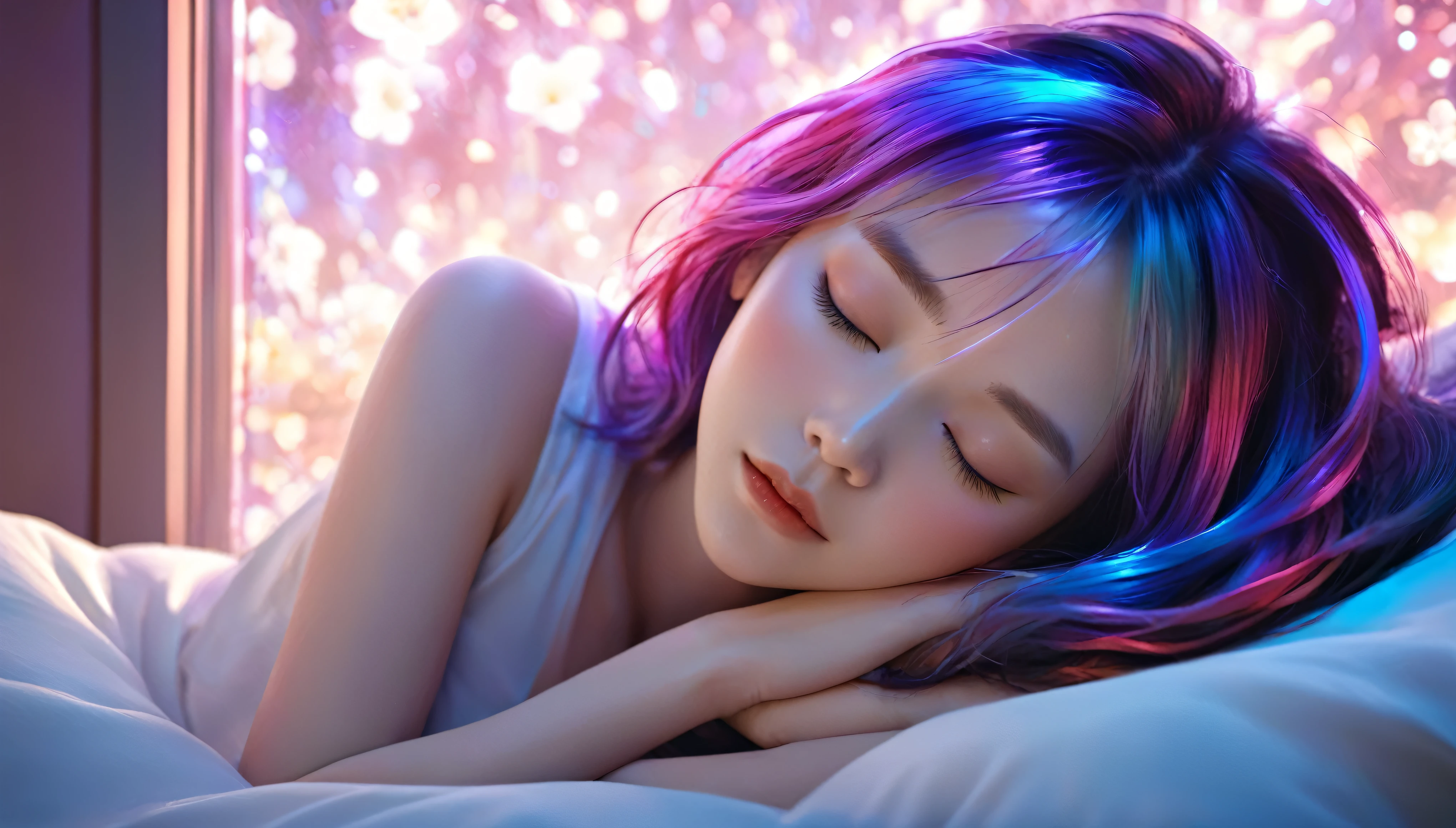 (best quality,8k,ultra-detailed:1.2),(CG,CG art,3D rendering),(masterpiece:1.2),(movie lighting,futuristic),(woman lying in bed,sleeping,closed eyes),(large window behind her,tranquil night),(colorful hair:1.5)