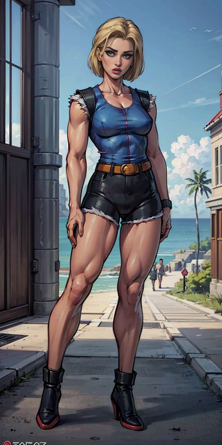 8k, best quality, masterpiece:1.2) (realistic, photo-realistic:1.37) (full body) 1female solo girl, standing, legs apart (wide stance) standing contrapposto, ultra-detailed, cute (Android 18) from DBZ