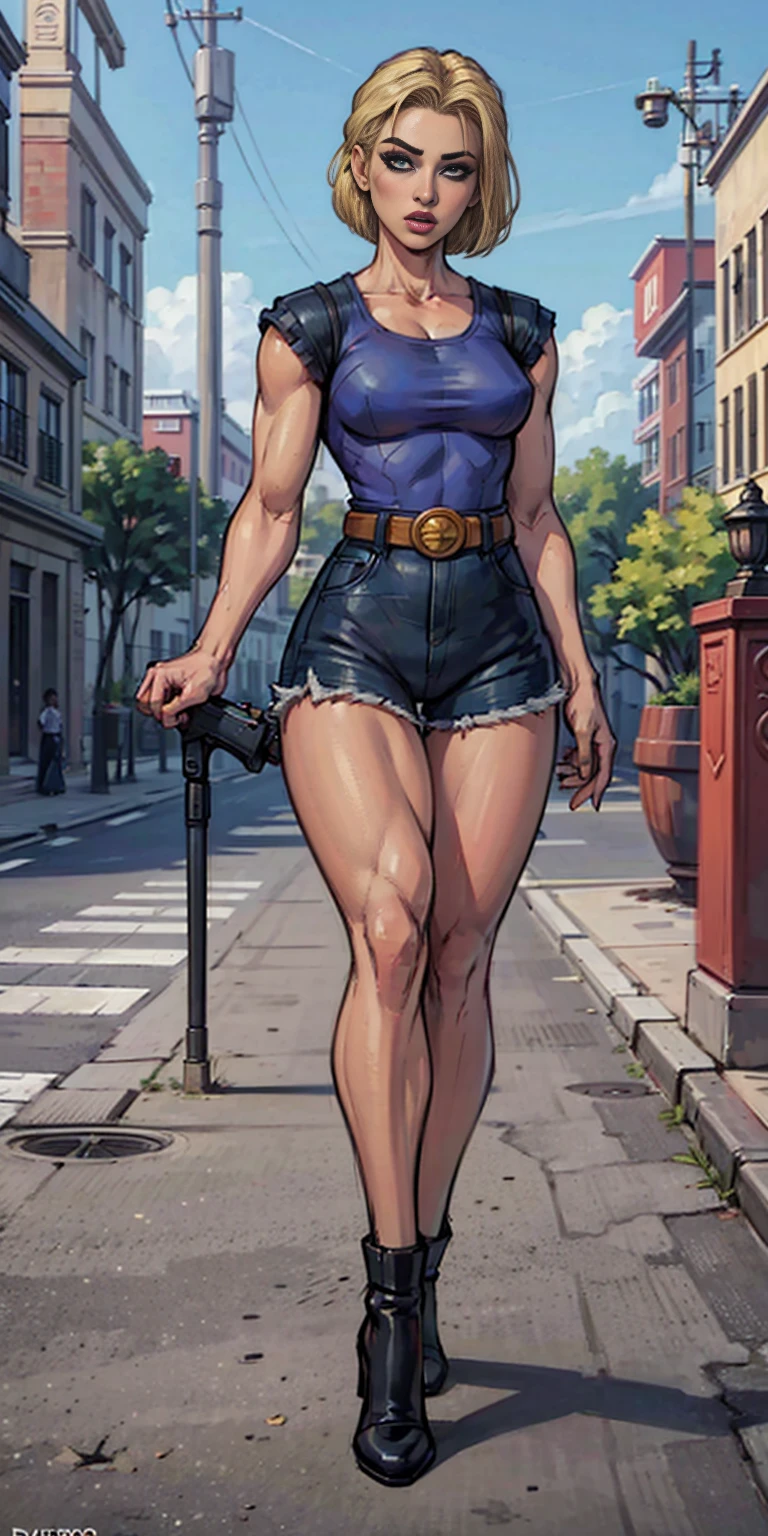 8k, best quality, masterpiece:1.2) (realistic, photo-realistic:1.37) (full body) 1female solo girl, standing, legs apart (wide stance) standing contrapposto, ultra-detailed, cute (Android 18) from DBZ