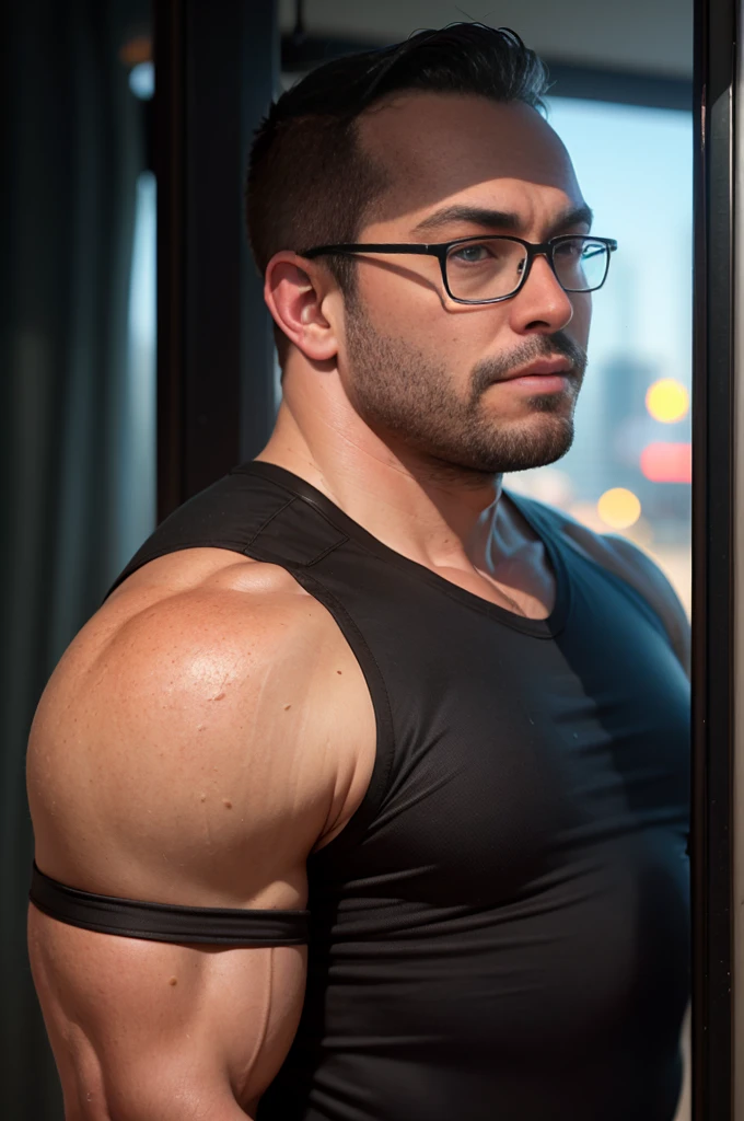 man staying inside a phone booth, heavy rain outside, looking up the sky, city background, An award-winning original photo, (40 years old daddy:1.1), 1boy, Solo, round face, beefy body, (big shoulders), big pecs, big pectorals, stubbles, Short beard, Beautiful eyes:1.3, (Detailed face:1.3), wearing glasses, Dynamic Angle, volumetric lighting, (Best quality, A high resolution, Photorealistic), Cinematic lighting, Masterpiece, RAW photo, stock photo, Intricate details, hdr, depth of field,