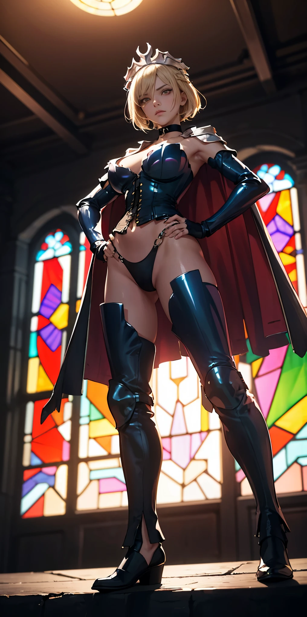 Female wearing tight gantz suit armor torn apart, black collar, corset, navel, abs, single braid, blonde, yellow glowing eyes, bright pupils, eye focus, red cape, temple indoors, stained glass windows, night, moonlight, particles, light beam, chromatic aberration, (full body, whole body. 1solo (girl) slave fighter, loincloth standing, hands on hips full body, whole body, 1solo (girl). slave fighter, standing, hands on hips, choker, big belt, view from below, feet together, bracers, tiara)