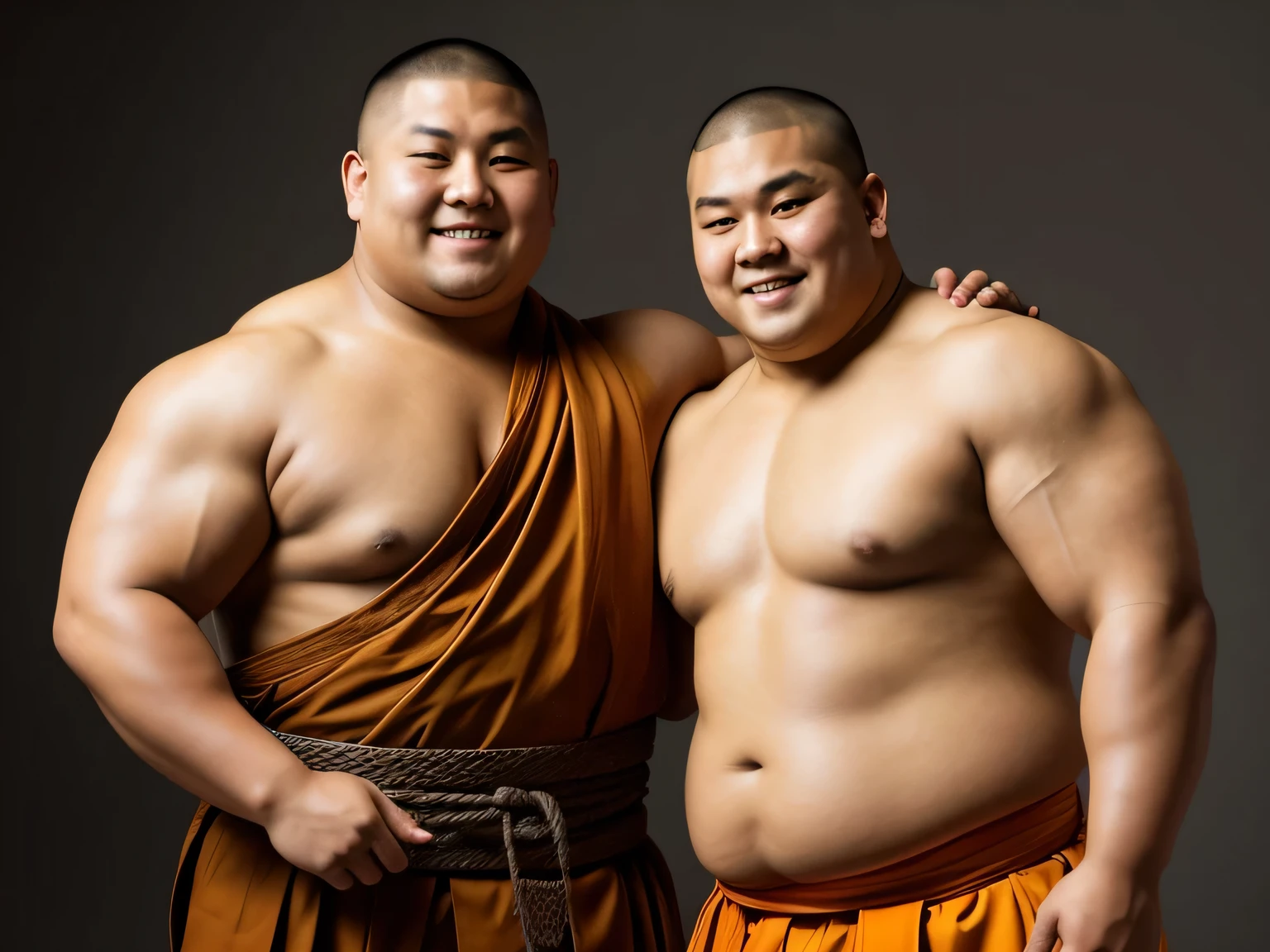 A young monk from ancient Japan, who looks like a fat bodybuilder like a sumo wrestler、A young monk from ancient Japan, looking like a fat bodybuilder like a sumo wrestler, standing with his arm around his shoulders in joy