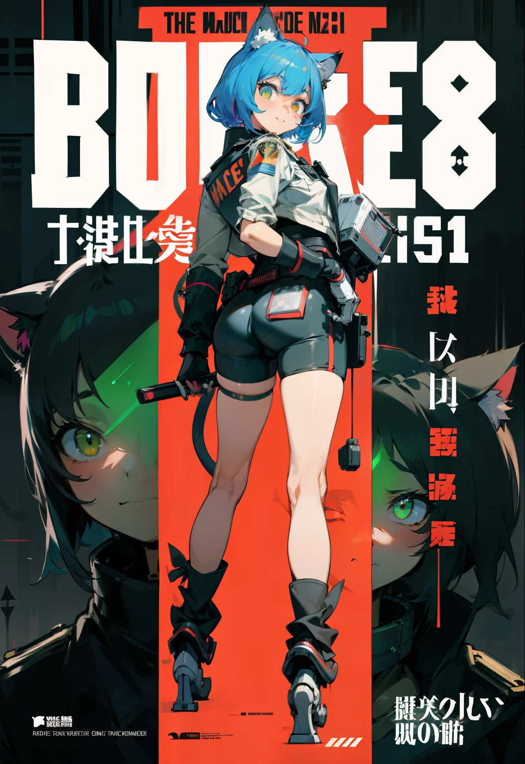Depict face emerging from the shadows, magazine cover, poster art, robot Police, cat ears, Laser beam, hint of vibrant