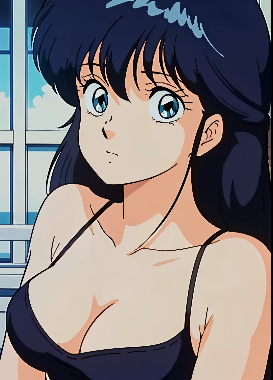 high quality, masterpiece, best quality, anime screen cap, 1girl, dark blue hair, white sleeveless shirt, shorts((Perfect Anatomy, beautifull detailed face, Beautiful detailed eyes, beautiful detailed hair, Beautiful detailed body)), thick outline, Beautiful outlines, black outlines
