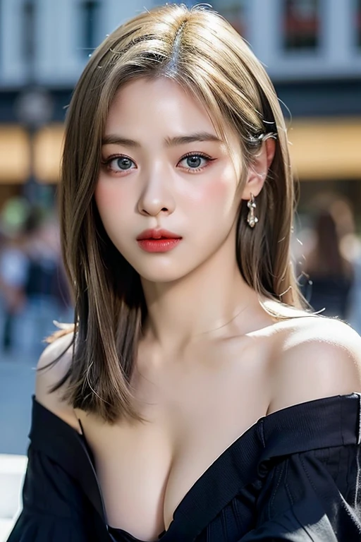 highest quality、masterpiece、超A high resolution、(Photorealistic:1.4)、RAW Photos、One girl、Blonde、blue eyes、Eyes and facial details、((Off the shoulder、Too much exposed skin、Cleavage Emphasis))