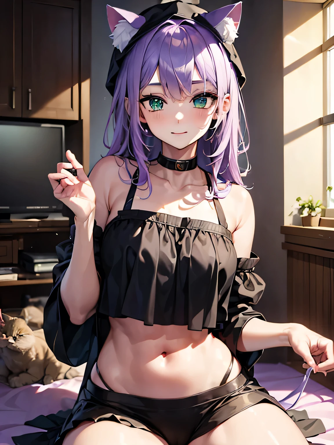 (masterpiece, best quality:1.4), 8k, light Purple messy Hair Young adult Medium chest smiling teasing with Green Eyes in the Livingroom wearing a black Crop top and a cat ear Hat (detailed eyes and face, sharp pupils, realistic pupils:0.6)