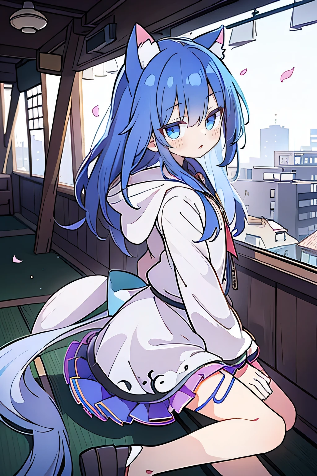 (masterpiece:1.2),Super detailed,lifelike,Expressive eyes,fair skin,perfect face shape,1 girl,
Japanese comics,Gorgeous blue hair,flowing blue hair,flowing clothes,Cat ears,Petals fall,beautiful lola,Baby Angel,
Shaking head with one hand,Cross your legs,Gentle and peaceful background,The pavilion is cool and comfortable,smile, wearing hoodie, background of tokyo,back views,snowing, winter.