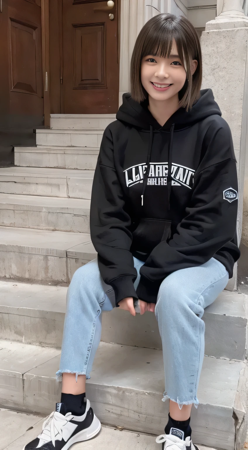 highest quality, Realistic, Very detailed, Finer details, High resolution, 8k wallpaper, One beautiful woman,Sit on the stairs、(Wear black socks)smile、(Beautiful teeth alignment、)(Gums are visible) Oversized hoodie, Skinny jeans,( Black sneakers)、Black Hair、 Beautiful Bangs、ear piercing、Perfect dynamic composition, Beautiful and detailed, Full Body Shot, A big smile Wearing colorful socks