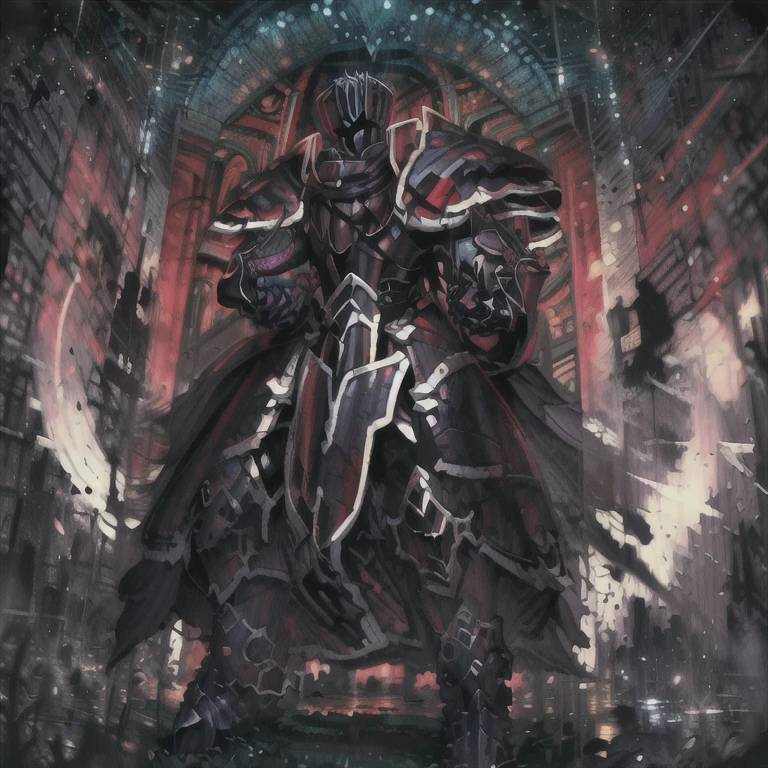 (absurdres, highres, ultra detailed),(Masterpiece, best quality:1.2),1man, wearing jet black knight armour, holding a n english longword, surrounded by knights,cow boy shot,Dark knight, swirling darkness, purple flames