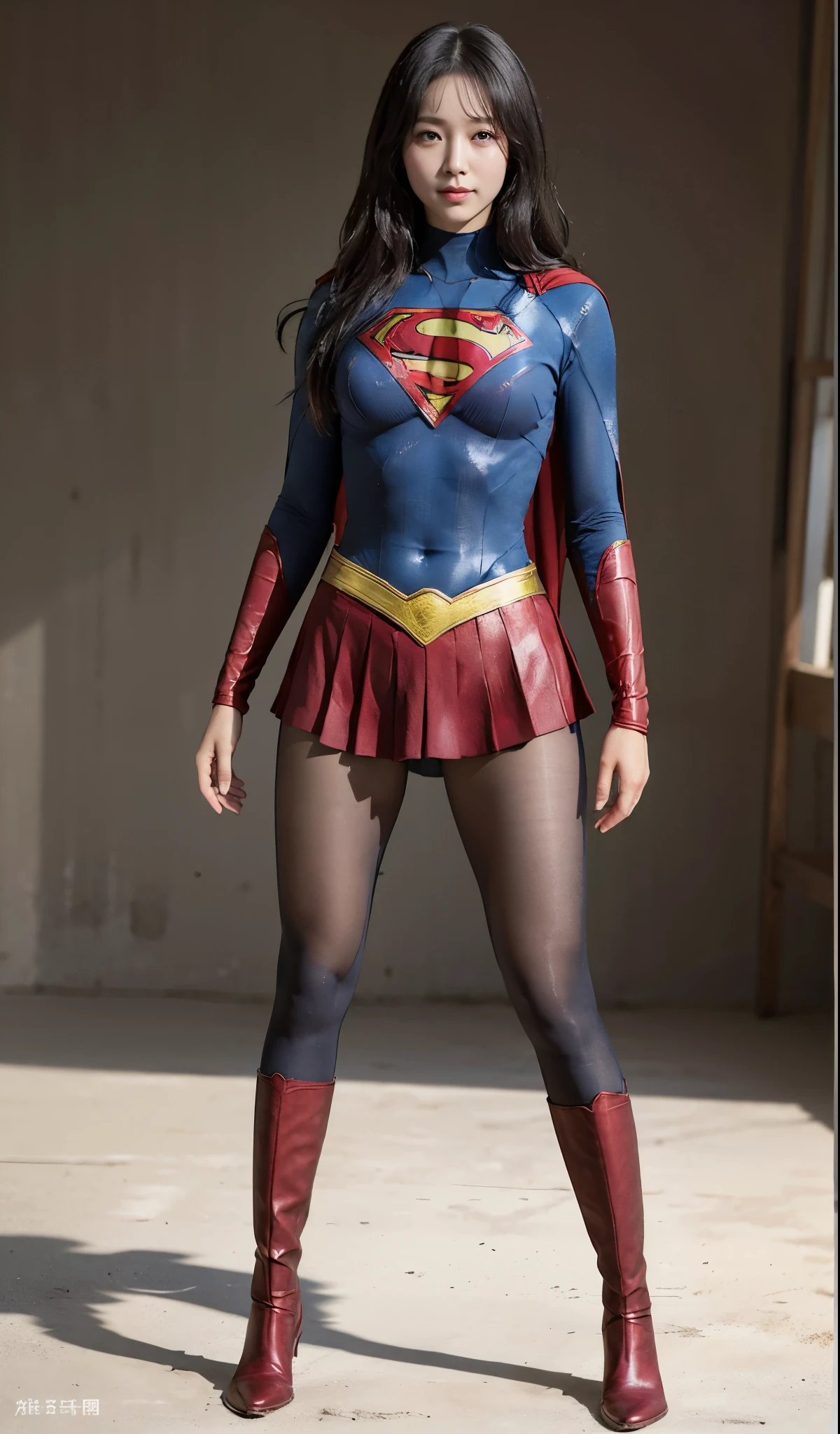 No background、(((Beautiful legs in black tights.)))、(((Legally express the beauty of your smile)))、((((Make the most of your original images)))、(((Supergirl Costume)))、(((Beautiful Hair)))、(((suffering)))、(((Please wear black tights....、Wear red boots)))、((Best image quality、8k))、((highest quality、8k、masterpiece:1.3))、(((Preserve background )))、Sharp focus:1.2、Beautiful woman with perfect figure:1.4、Slim Abs:1.2、Wet body:1.5、Highly detailed face and skin texture、8k