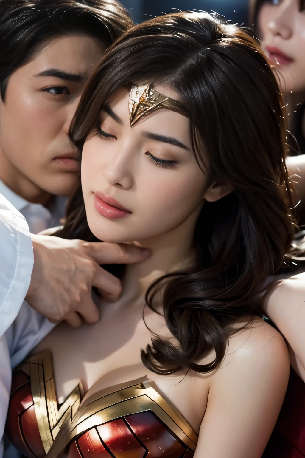 私はWonder Womanです、完璧なWonder Womanの衣装,Hug from the front,お姫様Hugged,Hugged,Being strangled,You can hold it,Leaning on the man,Hugged,Can be lifted,Men lick my face with their tongues,The guys lick my head with their tongues,Men lick my hair with their tongues,My body is licked by men,sleeping face,Close ~ eyes,Open your mouth,Tired face,Face of Suffering,sleeping face,Being slapped in the face,Getting punched in the face,Fighting with men,Fight with the men,Surrounded by men,,Caught between the men,Being held back by men,Entanglement with males, Attacked by men,Brown Hair, masterpiece、beautiful girl、fine 目、puffy eyes、highest quality, 超High resolution, (reality: 1.4), Cinema Lighting,so beautiful、Beautiful Skin、(超reality的な)、(High resolution)、(8k)、(Very detailed)、(beautiful and fine 目)、(Very detailed)、 Detailed face、Diagonal bangle hair、Brown Hair、20-year-old、Wonder Womanのコスプレ,Wonder Woman
