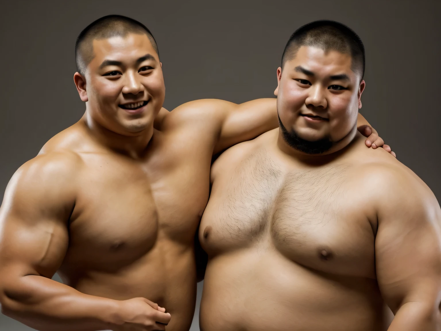 A young monk from ancient Japan, who looks like a fat bodybuilder like a sumo wrestler、A young monk from ancient Japan, looking like a fat bodybuilder like a sumo wrestler, standing with his arm around his shoulders in joy
