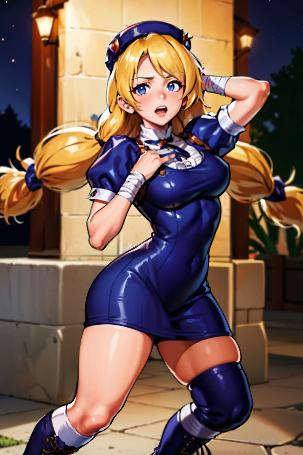 masterpiece, best quality, very aesthetic, absurdres, (newest) explicit, looking ar viewer, alley, Night, outdoors, 1girl, (HinakoMS:1.4), hat, blue eyes, short dress, beret, bandages, ribbon, knee pads, short sleeves, blue boots, fight pose, arm over head, pale skin, open mouth, wide hips, (solo focus)